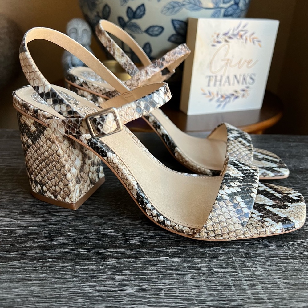 NEW! Vince Camuto Nendam Snake Print Ankle Strap Blovk Heels US 7.5